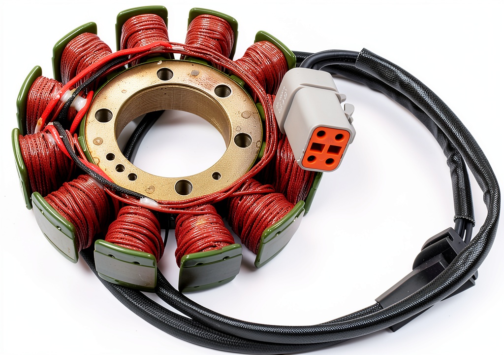 Installing Rick's Motorsport 21-026H alternator stator on a wooden workbench